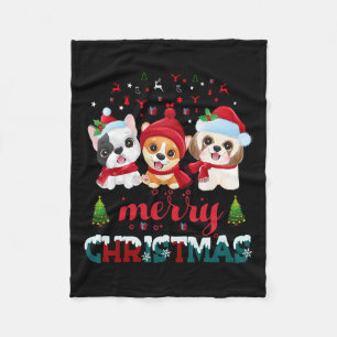 Merry Christmas Cute Dogs Red Santa Hat Christmas  Fleece Blanket