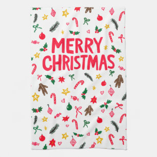 MERRY CHRISTMAS Cute Doodle Whimsical CUSTOM Kitchen Towel