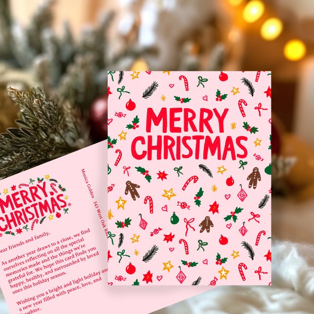 MERRY CHRISTMAS Cute Doodle Whimsical CUSTOM Postcard (MERRY CHRISTMAS Cute Doodle Whimsical CUSTOM Holiday Pink Postcard
)