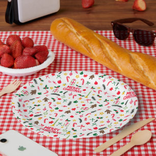 Merry Christmas Cute Doodle Whimsical Pattern Paper Plates