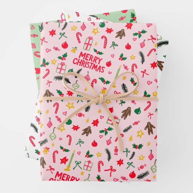 Merry Christmas Cute Doodle Whimsical Pattern  Wrapping Paper Sheets (In situ)