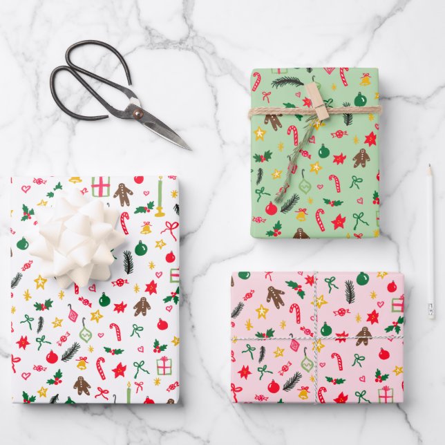 Merry Christmas Cute Doodle Whimsical Pattern  Wrapping Paper Sheets (Front)