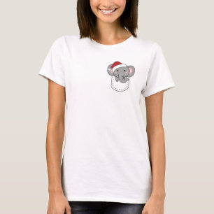 Merry Christmas Cute Elephant In Breast Pocket T-Shirt