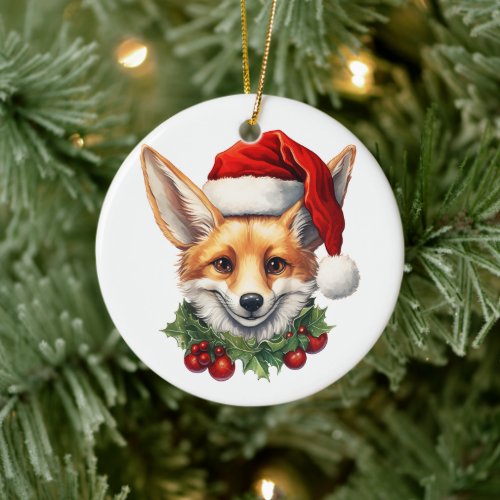 Merry Christmas Cute Fox in Santa Hat Holly Berry Ceramic Ornament