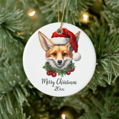 Merry Christmas Cute Fox in Santa Hat Holly Custom Ceramic Ornament