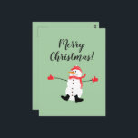Merry Christmas Cute Frosty Snowman  Postcard<br><div class="desc">This is cute minimal Christmas design that features a naive digital painting of a snowman wearing matching red hat,  scarf and mittens on a sage green background with the text: Merry Christmas! You can easily customize it. Just replace the text with your own details.</div>