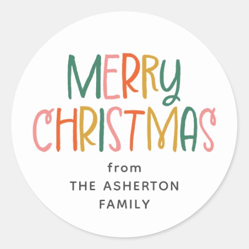 Merry Christmas cute fun colorful family name Classic Round Sticker
