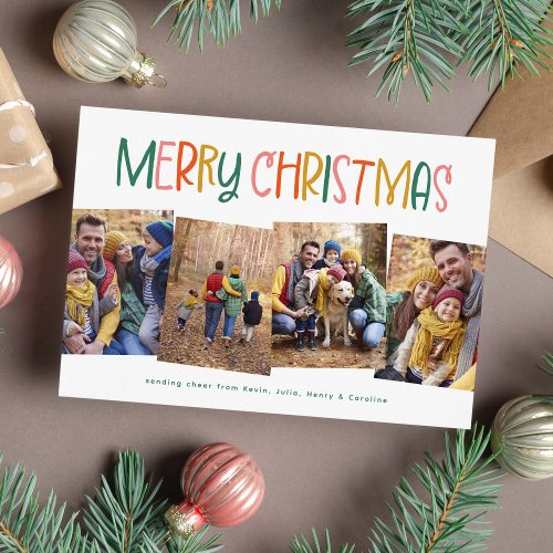 Merry Christmas cute fun colorful four photo Holiday Card