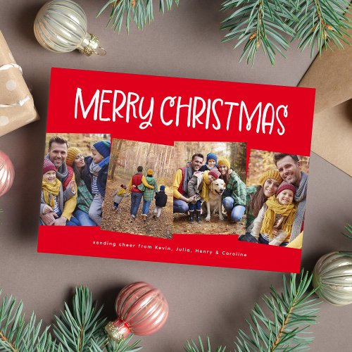 Merry Christmas cute fun four photo red Holiday Card