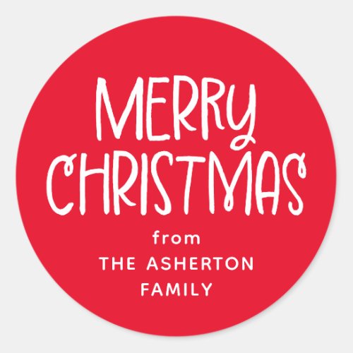 Merry Christmas cute fun red family name Classic Round Sticker