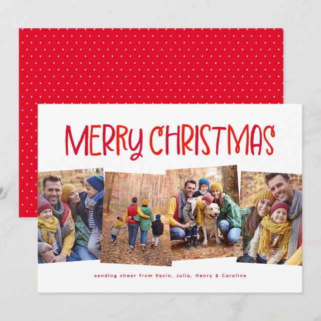 Merry Christmas cute fun red four photo Holiday Card (Front/Back)