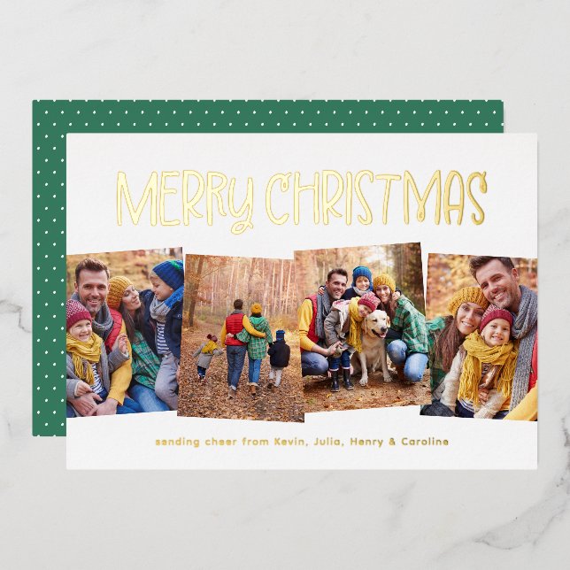 Merry Christmas cute fun simple four photo Foil Holiday Card (Front/Back)