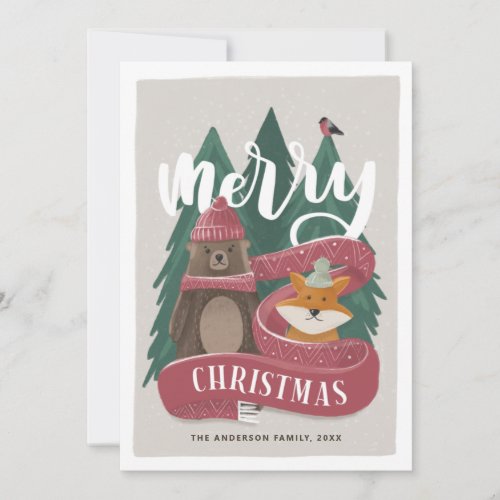 Merry Christmas Cute funny woodland bear and fox Holiday Card