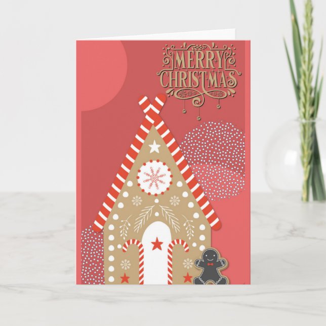 Merry Christmas Cute Gingerbread Man and House Holiday Card (Front)