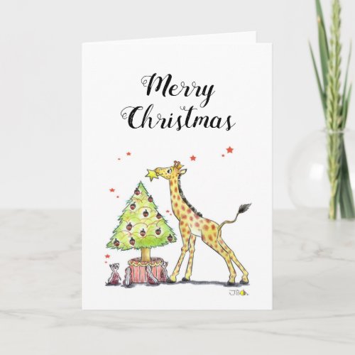 Merry Christmas cute giraffe Xmas tree Card