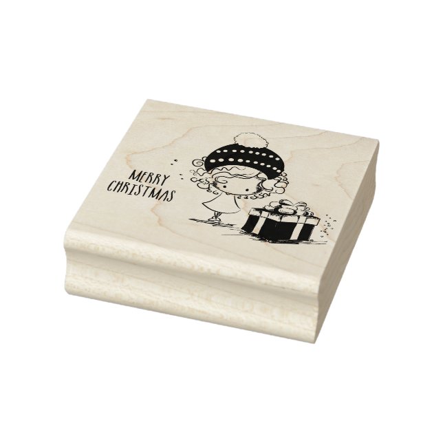 Merry Christmas Cute Girl with Present  Rubber Stamp (Stamp)