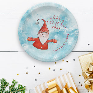 Merry Christmas Cute Gnome Coastal Custom Family Paper Plates