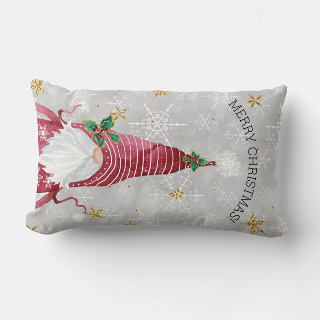 Merry Christmas Cute Gnome Holly Snowflake n Stars Lumbar Pillow (Front)
