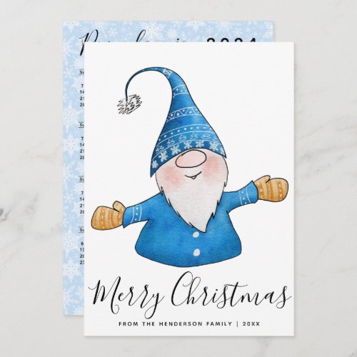Merry Christmas Cute Gnome in Blue 2024 Calendar Holiday Card