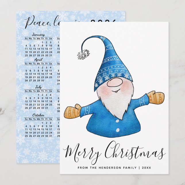 Merry Christmas Cute Gnome in Blue 2026 Calendar Holiday Card (Front/Back)