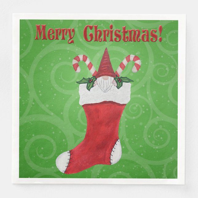 Merry Christmas Cute Gnome in Stocking Green Swirl Paper Dinner Napkins (Front)