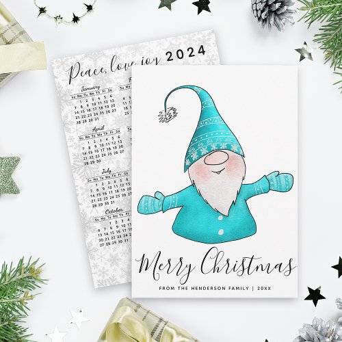 Merry Christmas Cute Gnome Teal 2024 Calendar Holiday Card