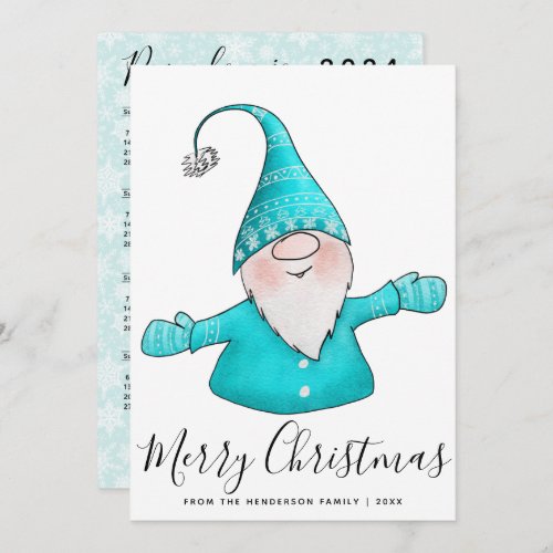 Merry Christmas Cute Gnome Teal Blue 2024 Calendar Holiday Card
