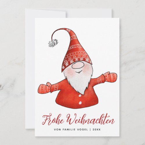Merry Christmas Cute Gnome White Red German Holiday Card
