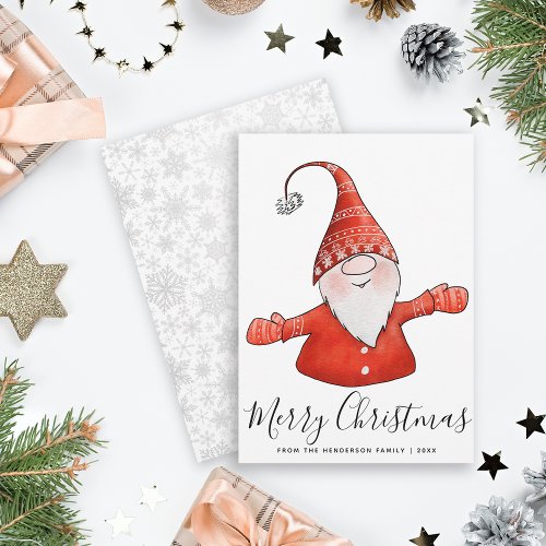 Merry Christmas Cute Gnome White Red Modern Holiday Card