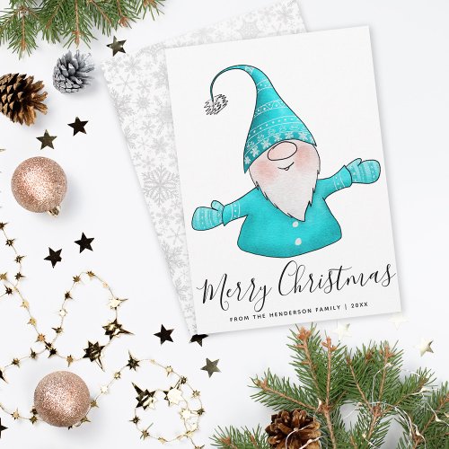 Merry Christmas Cute Gnome White Teal Blue Modern Holiday Card