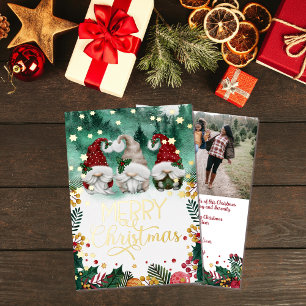 Merry Christmas Cute Gnomes Gold Stars Photo Foil Holiday Card