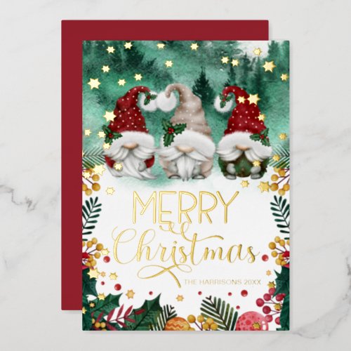 Merry Christmas Cute Gnomes Gold Stars Photo    Foil Holiday Card