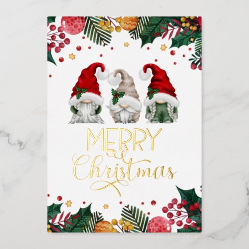 Merry Christmas Cute Gnomes Green Holly Photo    Foil Holiday Card