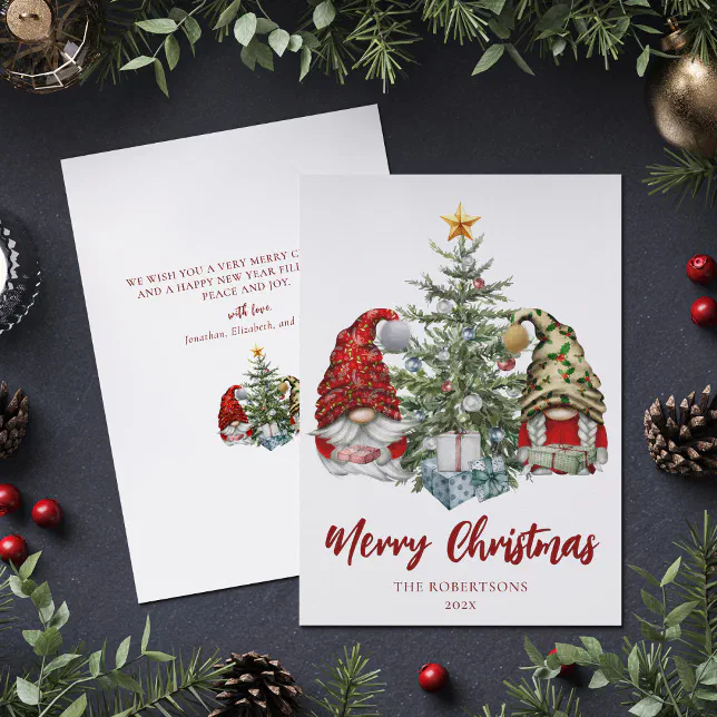 Merry Christmas Cute Gnomes Pine Tree Holiday Card Zazzle
