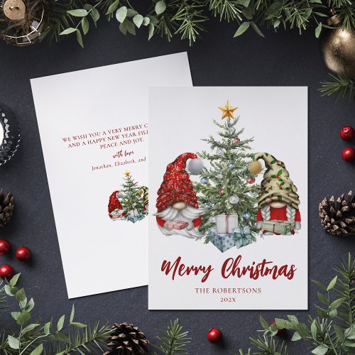 Merry Christmas Cute Gnomes Pine Tree Holiday Card
