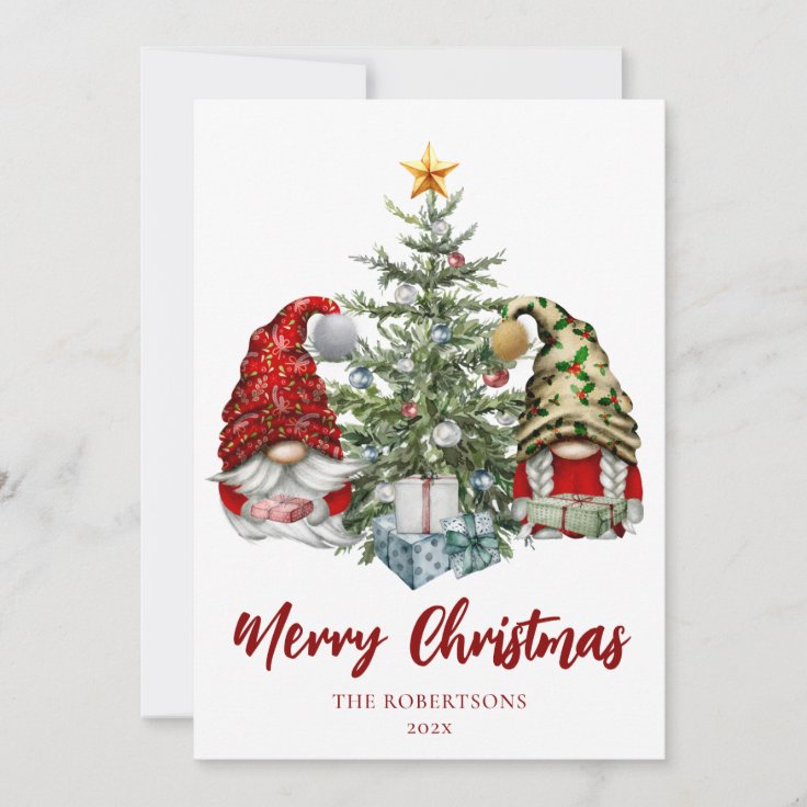 Merry Christmas Cute Gnomes Pine Tree Holiday Card Zazzle