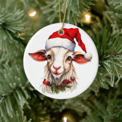 Merry Christmas Cute Goat Santa Hat Holly Berries  Ceramic Ornament