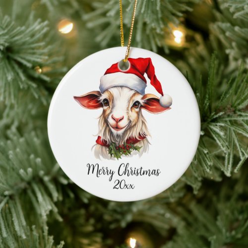 Merry Christmas Cute Goat Santa Hat Holly Custom Ceramic Ornament