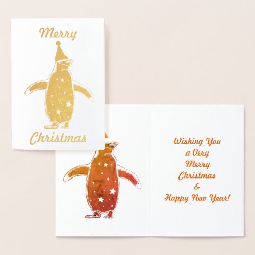 Merry Christmas Cute Gold Penguin Foil Card