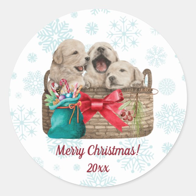 Merry Christmas Cute Golden Retriever Puppies  Classic Round Sticker (Front)