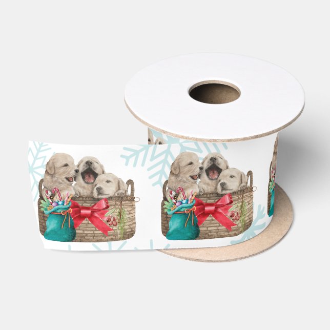 Merry Christmas Cute Golden Retriever Puppies  Satin Ribbon (Spool)