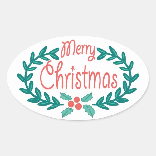 MERRY CHRISTMAS CUTE HAND_DRAWN HOLLY WREATH OVAL STICKER