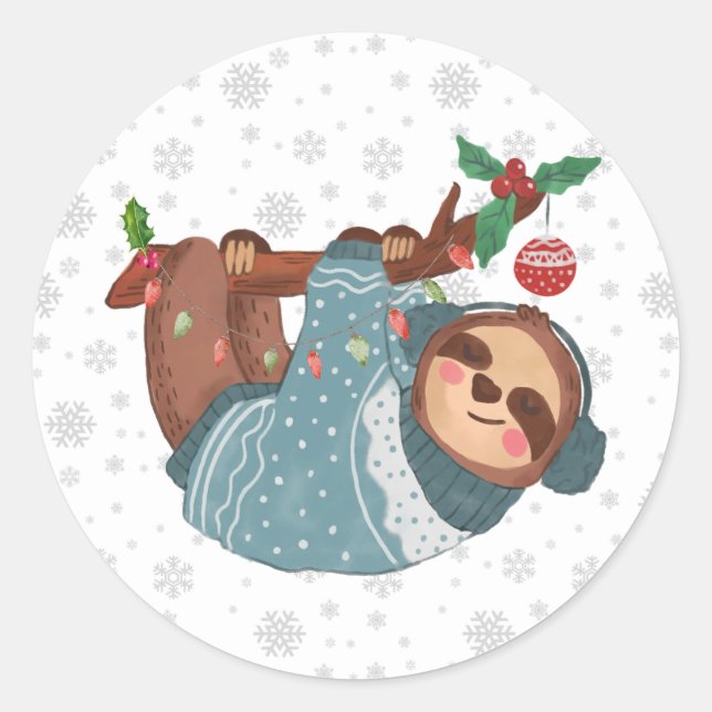 Merry Christmas Cute Hanging Sloth and Snowflakes Classic Round Sticker (Front)