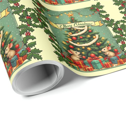Merry Christmas Cute Happy Mice Victorian Tree     Wrapping Paper