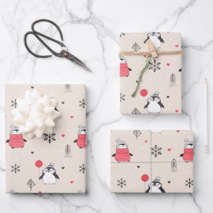 Merry Christmas Cute Happy Penguin in Hats Pink Wrapping Paper Sheets