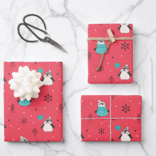 Merry Christmas Cute Happy Penguin in Hats Red Wrapping Paper Sheets