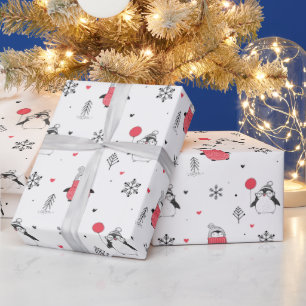 Merry Christmas Cute Happy Penguin in Hats White Wrapping Paper