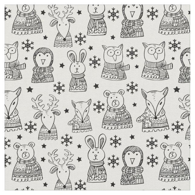 Merry Christmas Cute Holiday Animal Pattern Fabric (Close Up)