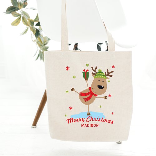 Merry Christmas Cute Holiday Reindeer Personalized Tote Bag