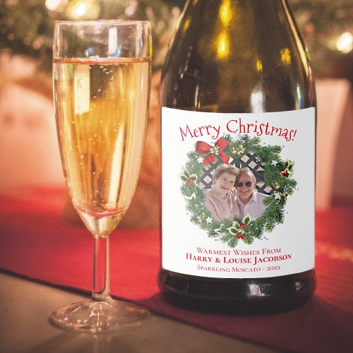 Merry Christmas Cute Holiday Wreath Photo Frame Sparkling Wine Label